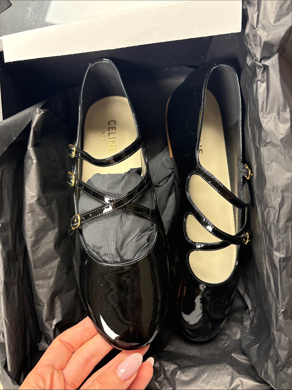 Celine Black Patent Leather Triple-Strap Mary Jane Flats